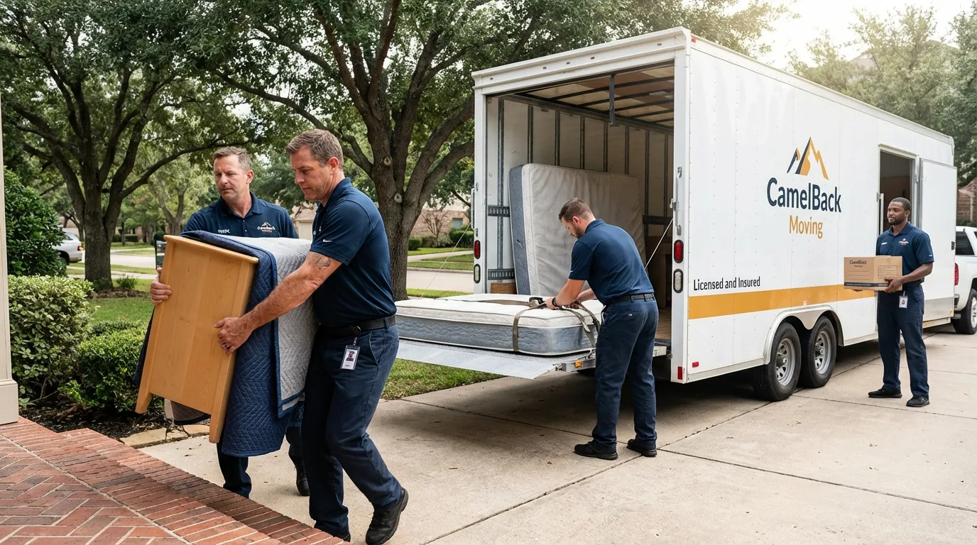 Crew loading residential truck for cross-state move from Hood River, OR