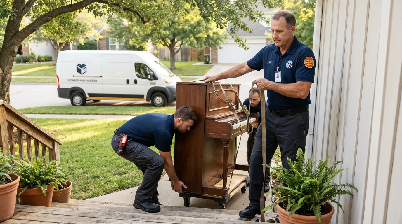 Licensed piano movers securing grand piano in Hood River, OR