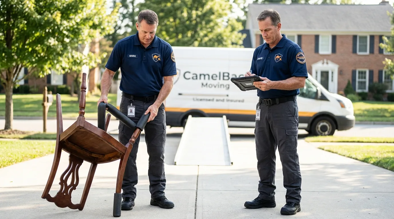 Movers inspecting furniture for damage prevention before loading in Hood River, OR