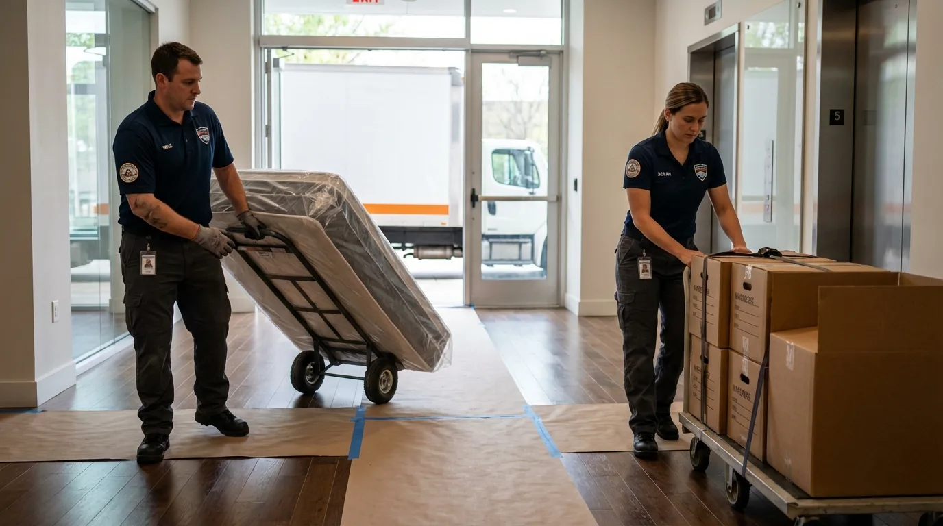 Professional apartment movers loading elevator in Hood River, OR