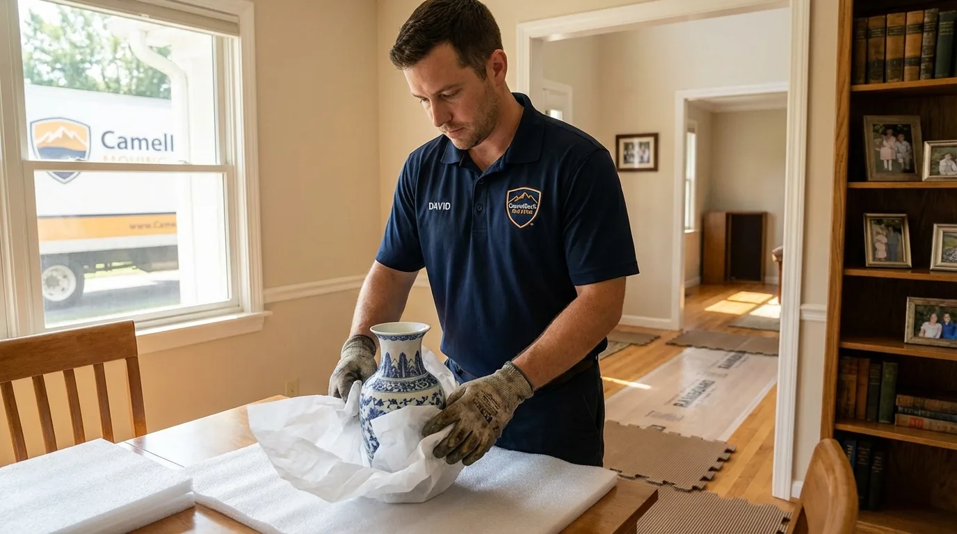 Professional crew carefully wrapping antique vase for senior downsizing move in Hood River, OR